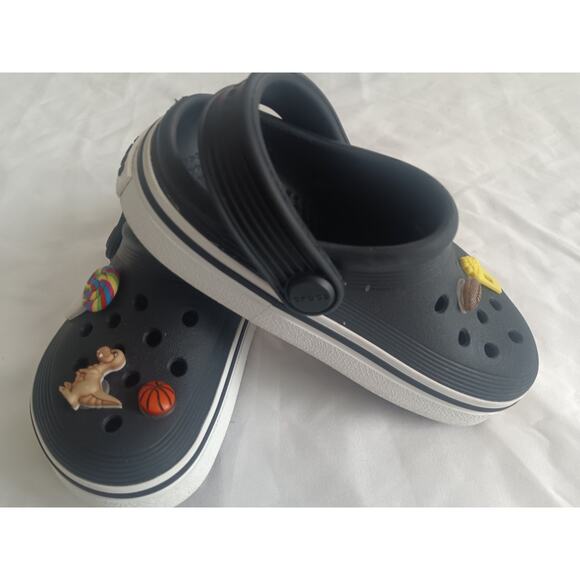 Toddler Size 8 Crocs Black Clogs with Jibbitz Charms – Dinosaur, Train, Sports - Picture 5 of 6